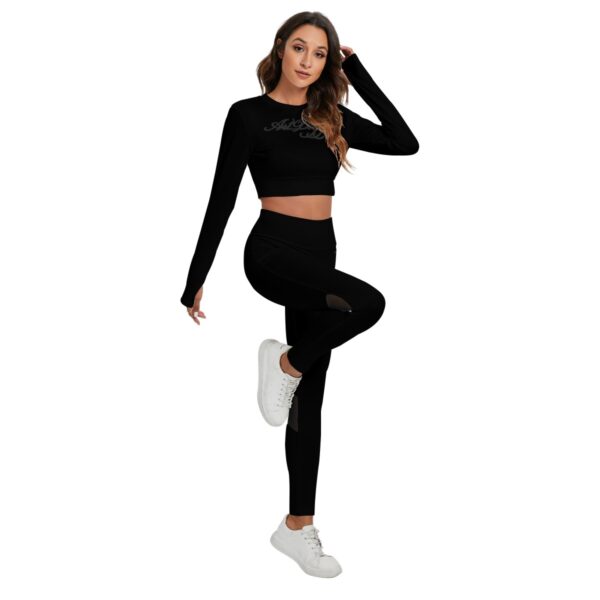 Midnight Black Long Sleeve Athletic Cropped Top and Pants Set - Image 2