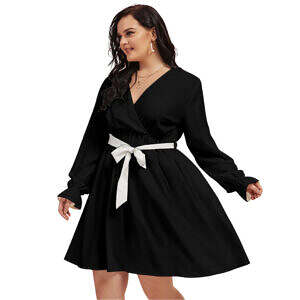 Monochrome V-neck Dress with Waistband
