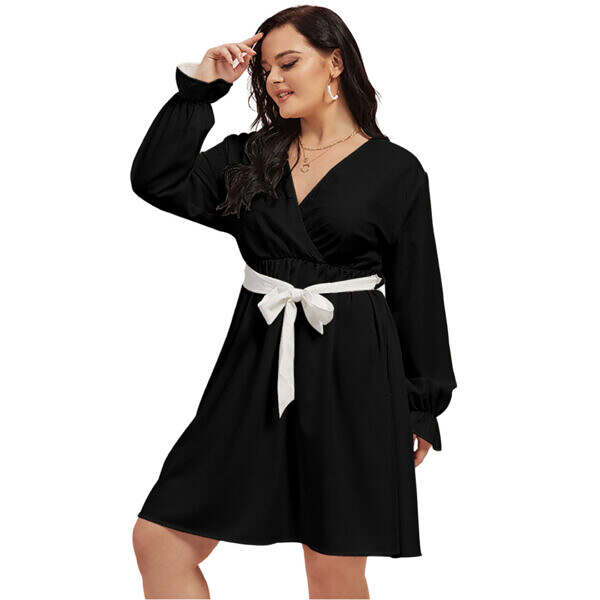 ArtDoggy™ V-neck Dress With Waistband | Monochrome - Image 3