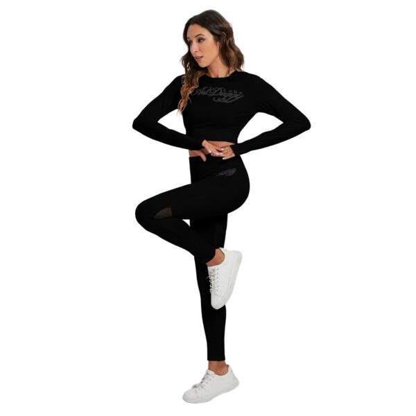 Midnight Black Long Sleeve Athletic Cropped Top and Pants Set - Image 3