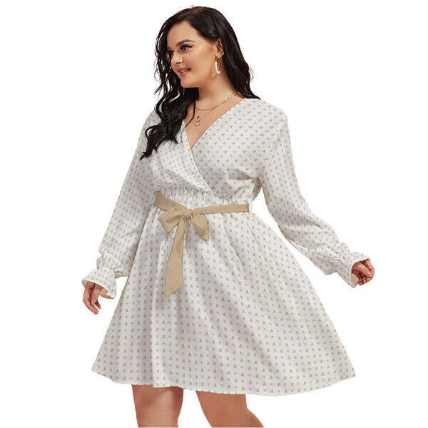 Cream V-neck Dress With Waistband