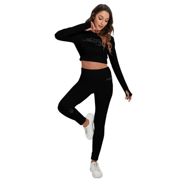 Midnight Black Long Sleeve Athletic Cropped Top and Pants Set