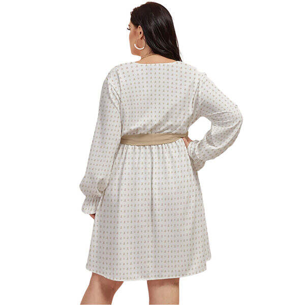 Cream V-neck Dress With Waistband - Image 3