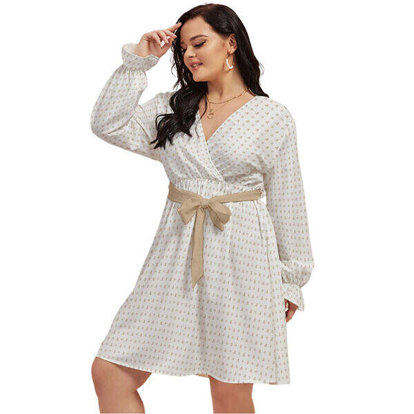 Cream V-neck Dress With Waistband - Image 2