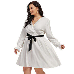 White Monochrome V-neck Dress with Waistband