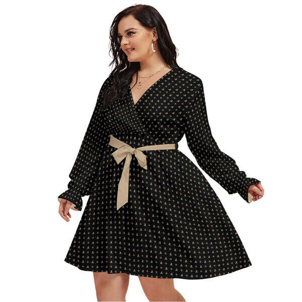 Black Cream V-neck Dress With Waistband