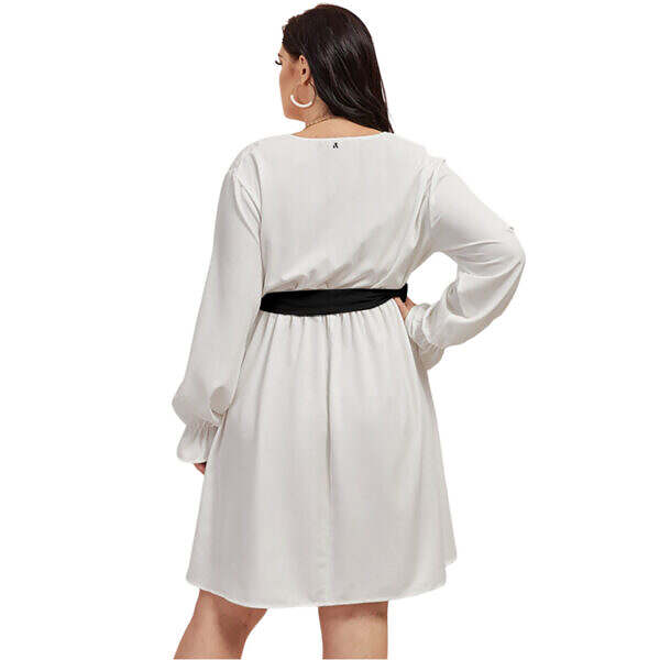 White Monochrome V-neck Dress with Waistband - Image 3