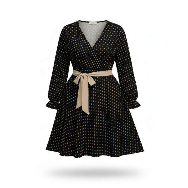 ArtDoggy™ V-neck Dress With Waistband Brazilian Cream + Black