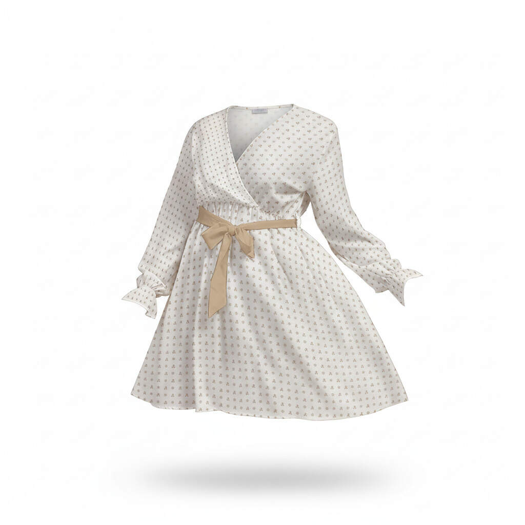 ArtDoggy™ V-neck Dress With Waistband | Brazilian Cream + White