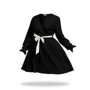 ArtDoggy™ V-neck Dress With Waistband | Monochrome