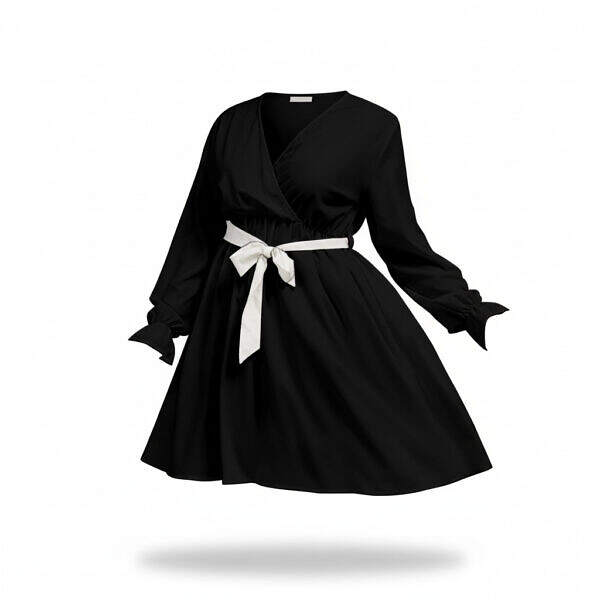 ArtDoggy™ V-neck Dress With Waistband | Monochrome