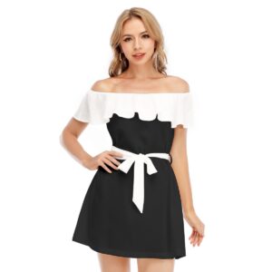 Monochrome Off-Shoulder Dress With Ruffle