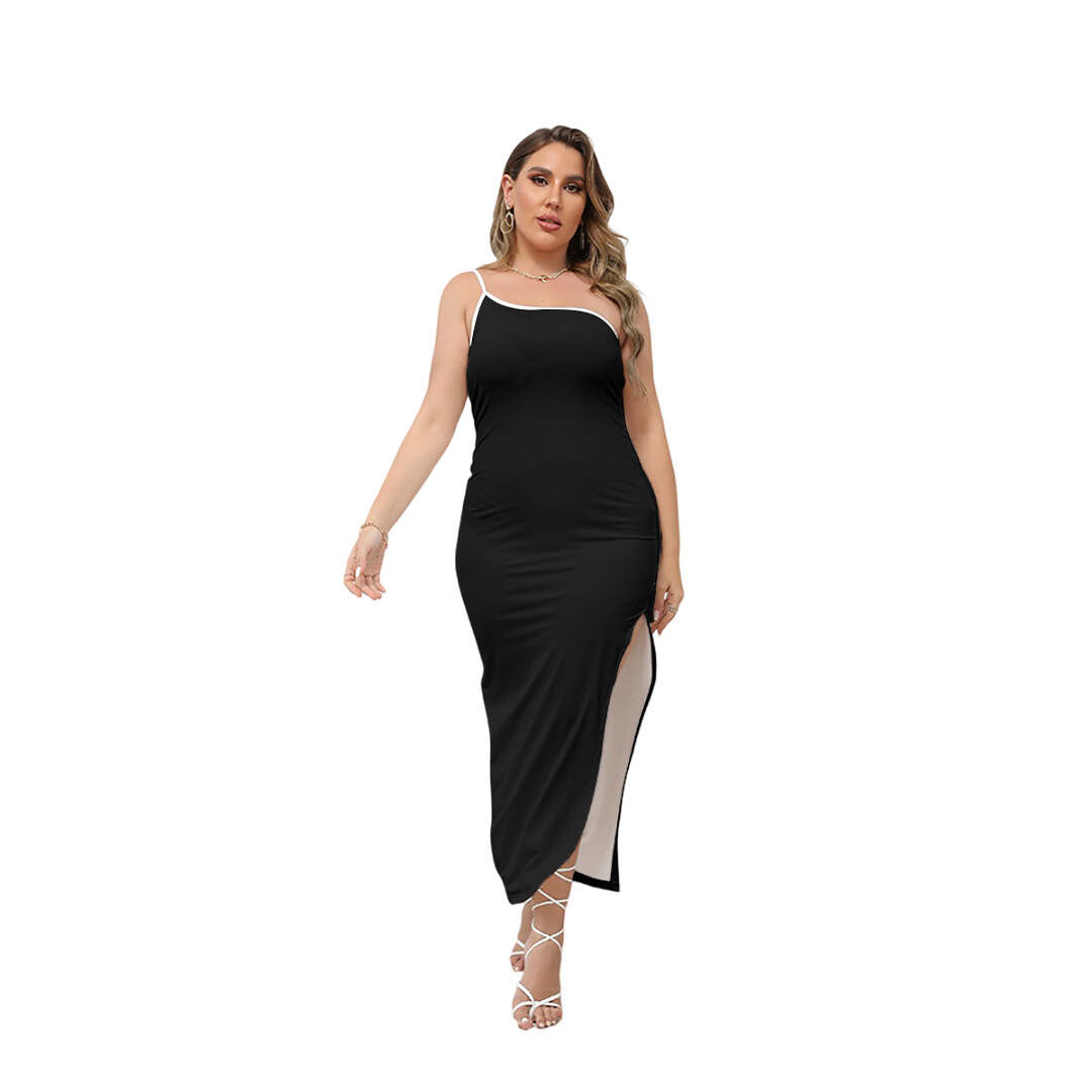 ArtDoggy™ Balanza Evening Dress | Black + White is a single strap dress with a side slit and full length
