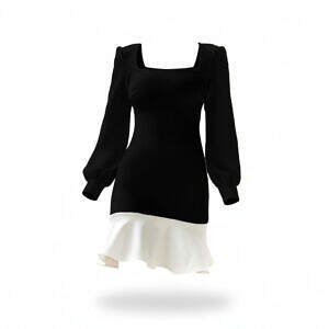 ArtDoggy™ Square Shoulder Ruffle Dress | Monochrome