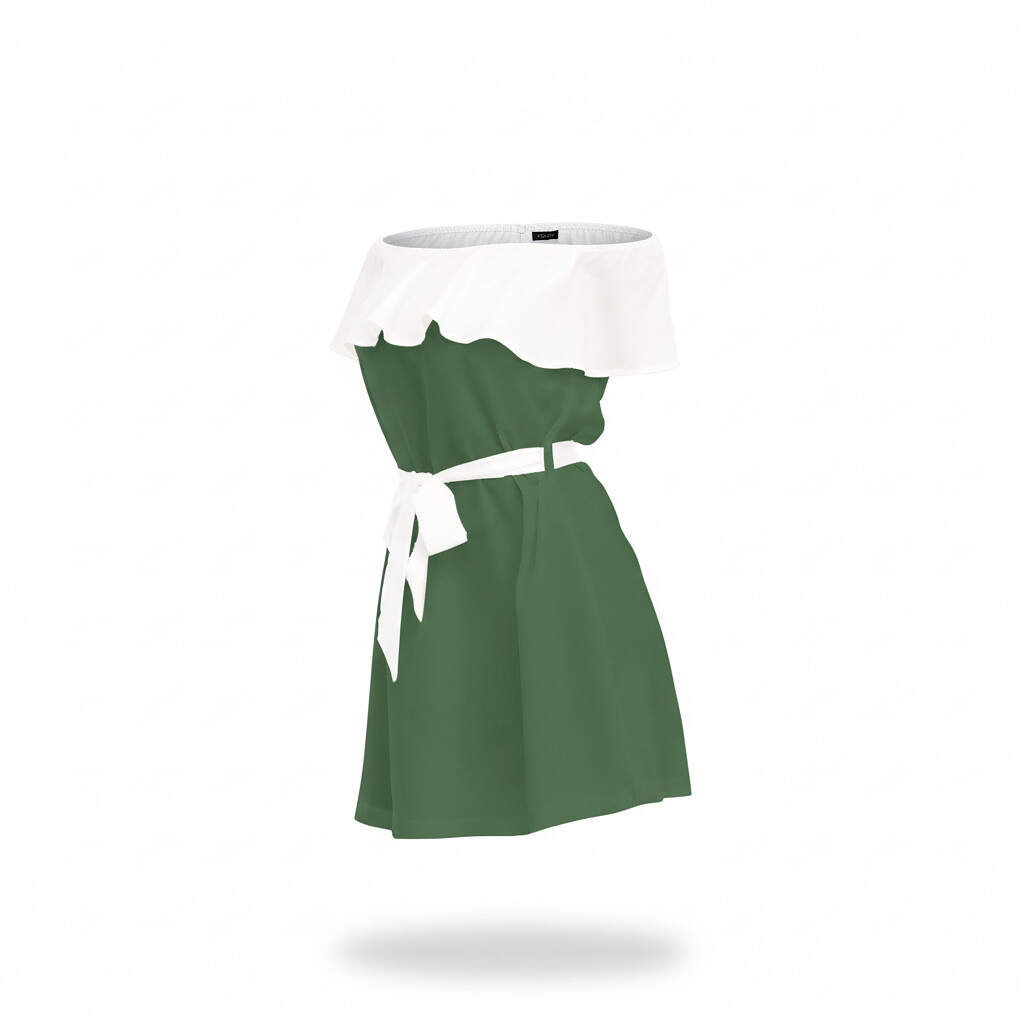 ArtDoggy™ Off-shoulder Ruffle Dress | Hunter Green + White