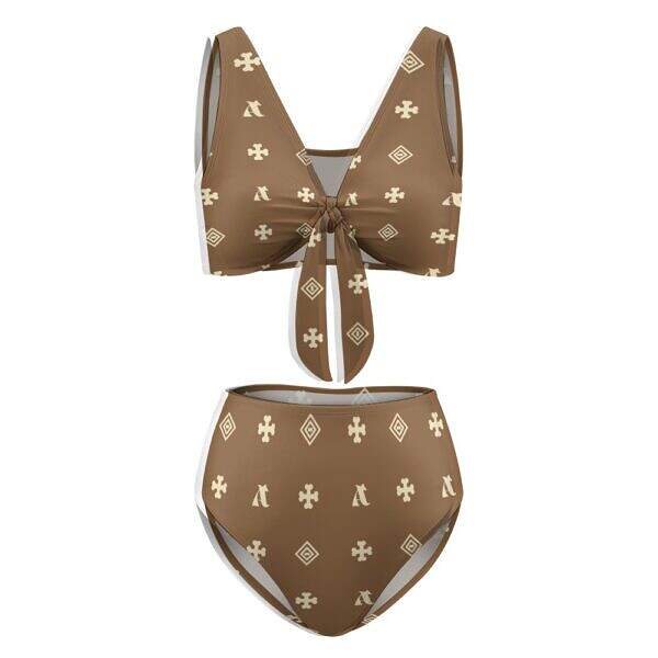 ADpld™ Two-Piece Knotted Bikini Swimsuit saddlebrown display front