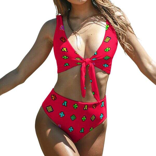 ADpld™ Two-Piece Knotted Bikini Swimsuit crimson front model display