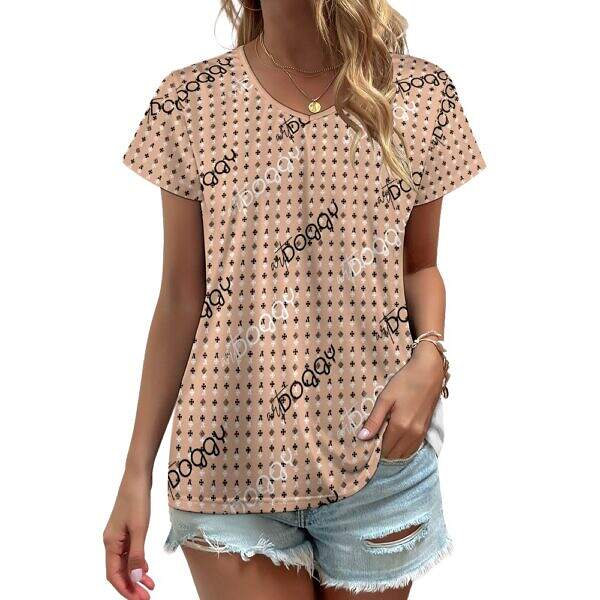 ADpld™ V-neck Short Sleeve T-shirt Burly Wood Model Display Front copy