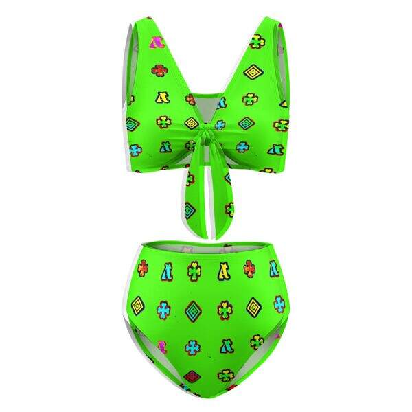 ADpld™ Two-Piece Knotted Bikini Swimsuit lime front display