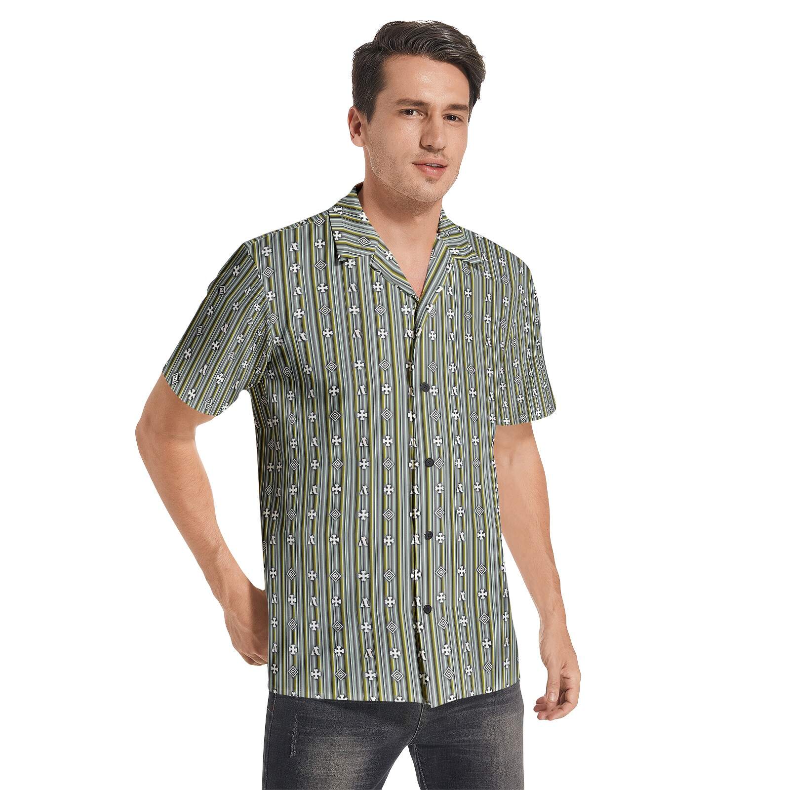 ADpld™ Men's Button Up (Pale Grid) side model profile